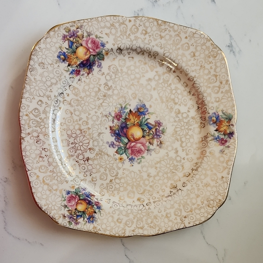 Vintage Floral Porcelain Dinner Plate with Gold Accents